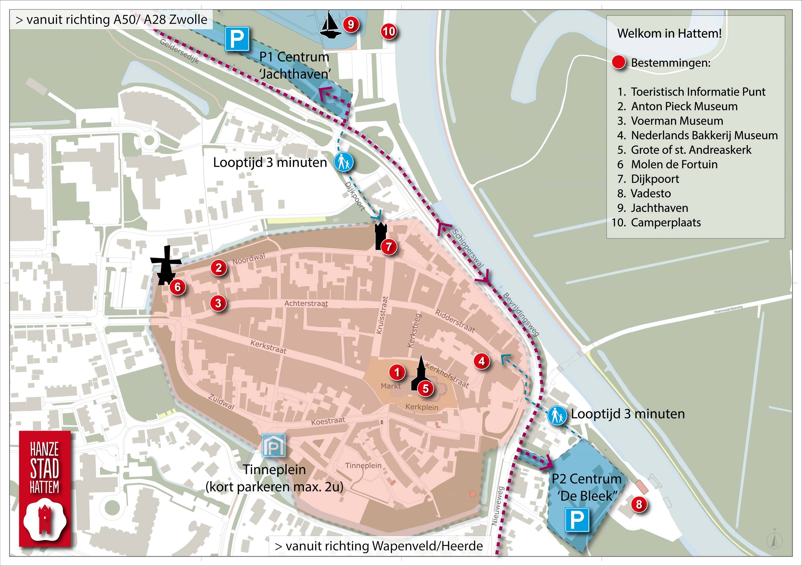 Een kaart van het centrum van Hattem, met daarop de parkeerplaatsen rondom het centrum. En een aantal belangrijke trekpleisters in het centrum. 